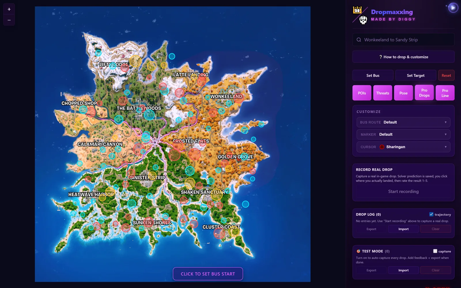 Pro Drops overlay marking competitive landing spots across the map