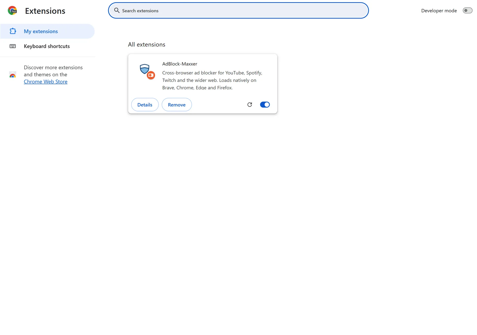 Loading AdBlock-Maxxer as an unpacked extension on the chrome://extensions page