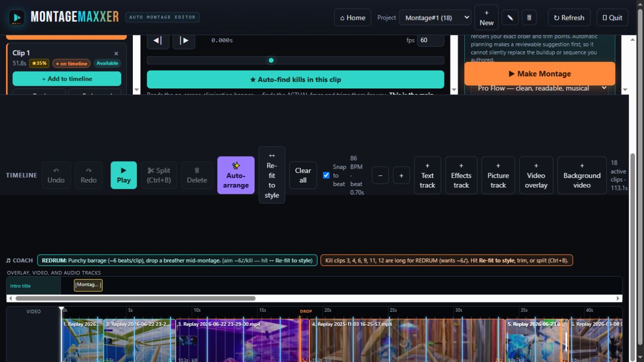 Actual MontageMaxxer beta editor showing the timeline, active clips, beat snap, and arrangement controls.