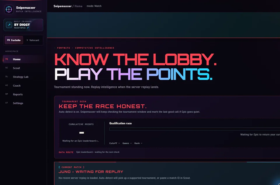 Snipemaxxer Fortnite tournament desk captured from the current app