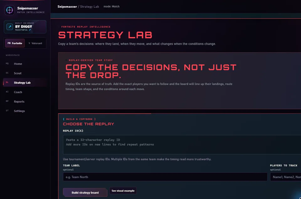 Snipemaxxer Strategy Lab replay comparison surface captured from the current app.