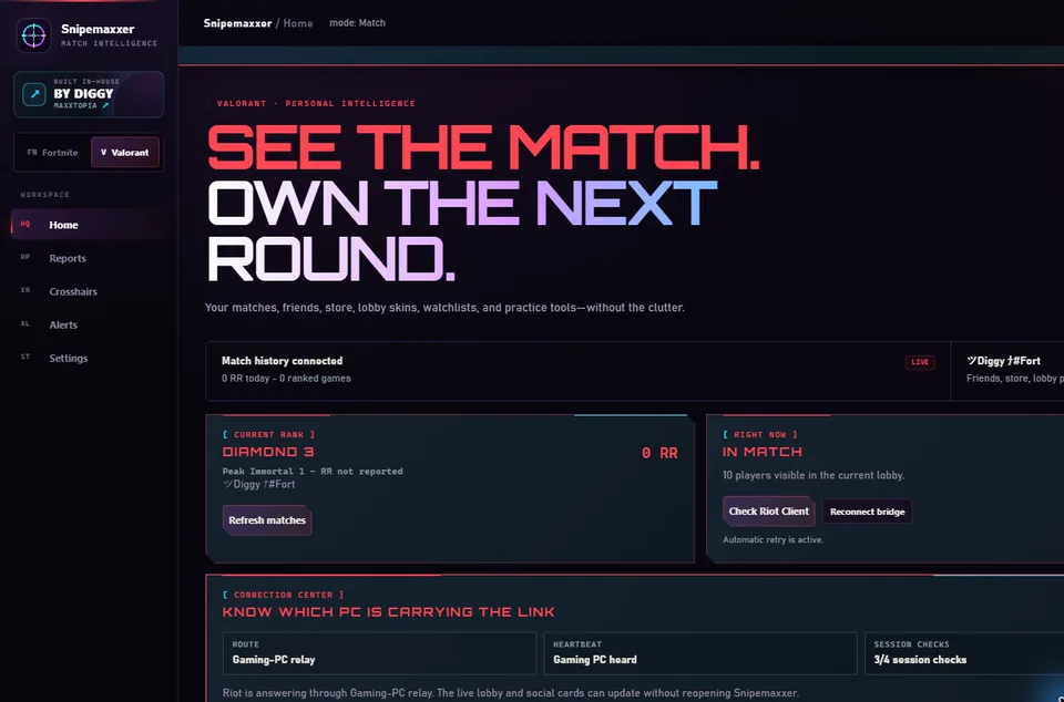 Snipemaxxer Valorant Home with rank, RR, live phase, and Riot connection captured from the current app