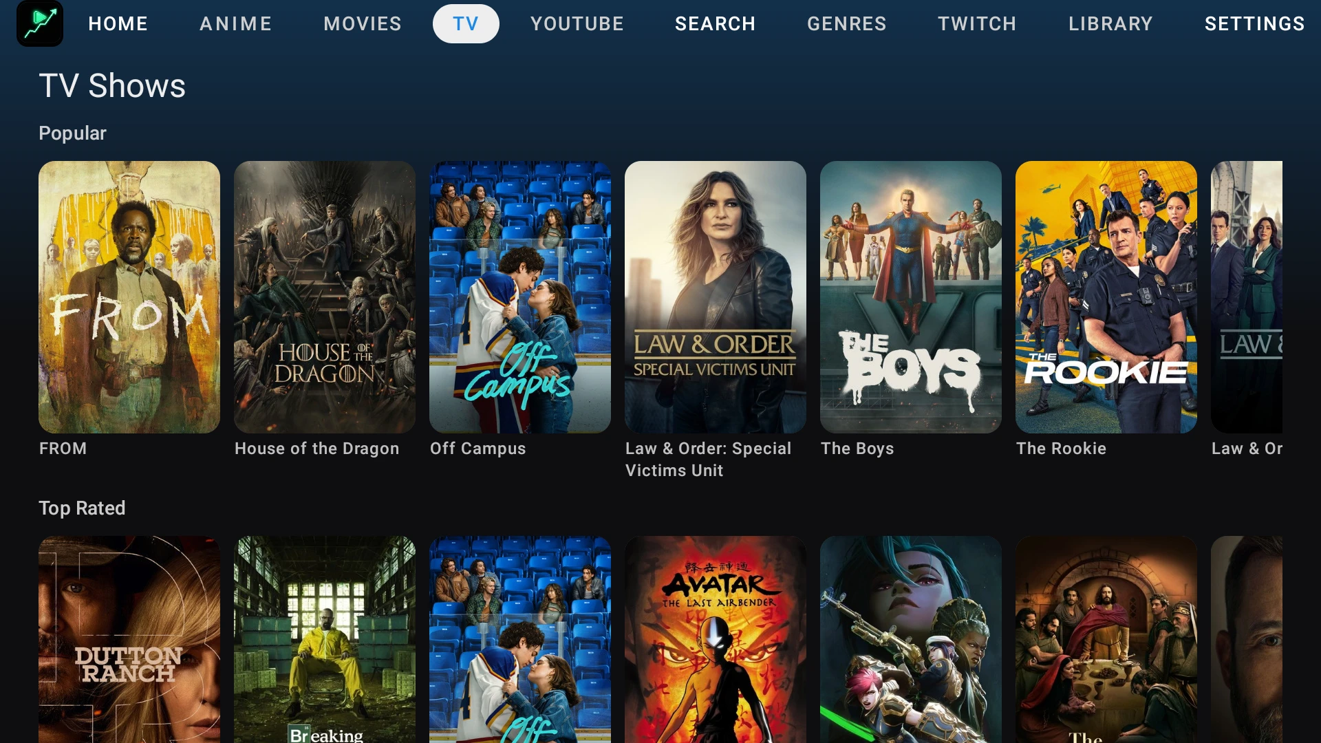 Viewmaxxing TV Shows catalog — Popular and Top Rated rows of real series with poster art